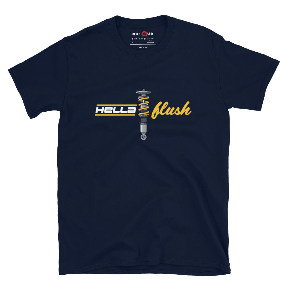Hella Flush Tee — Static Stance graphic t-shirt, Navy front view — Marque automotive apparel