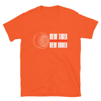 New Tire Before New Shoes Tee — Gearhead Priorities graphic t-shirt, front view (8) — Marque automotive apparel
