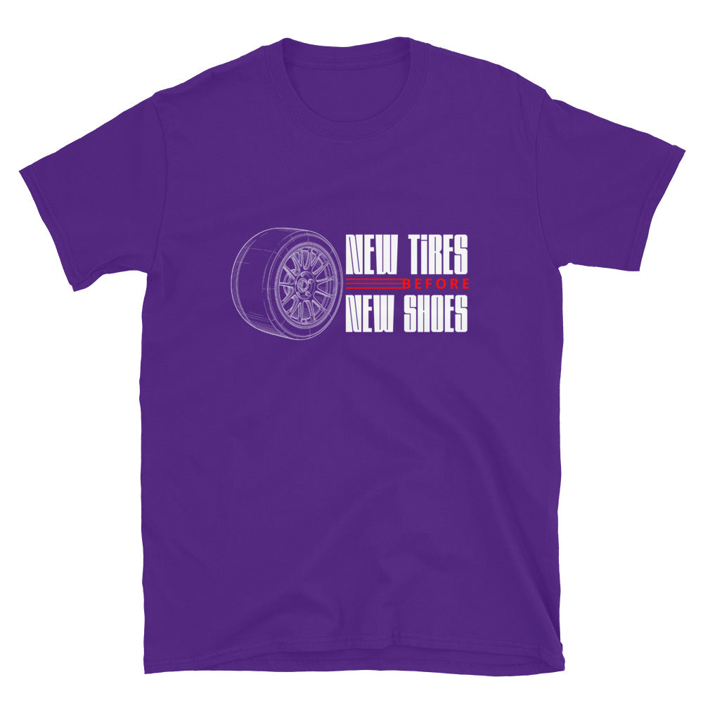 New Tire Before New Shoes Tee — Gearhead Priorities graphic t-shirt, front view (7) — Marque automotive apparel
