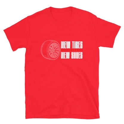New Tire Before New Shoes Tee — Gearhead Priorities graphic t-shirt, Red front view (2) — Marque automotive apparel