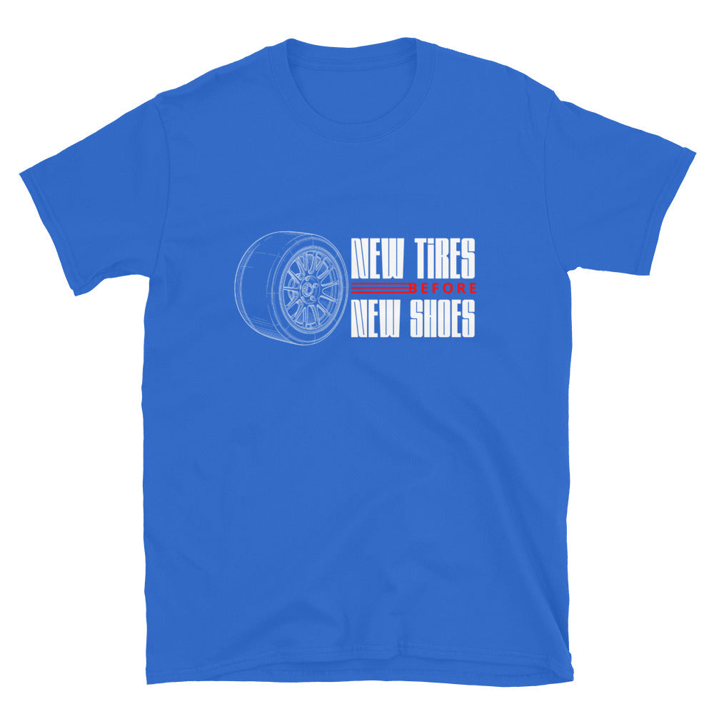 New Tire Before New Shoes Tee — Gearhead Priorities graphic t-shirt, Royal front view — Marque automotive apparel