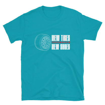 New Tire Before New Shoes Tee — Gearhead Priorities graphic t-shirt, front view (18) — Marque automotive apparel