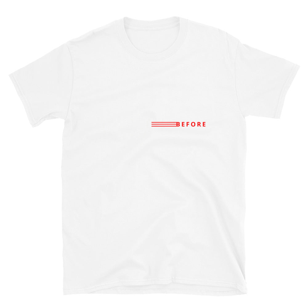 New Tire Before New Shoes Tee — Gearhead Priorities graphic t-shirt, White front view — Marque automotive apparel