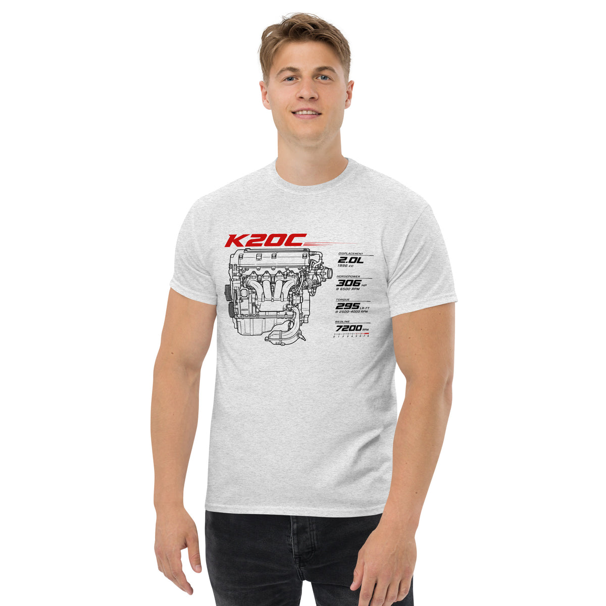 K20C Tee, Ash — front print detail with displacement, horsepower, torque and redline spec block