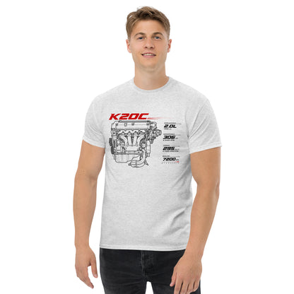 K20C Tee, Ash — front print detail with displacement, horsepower, torque and redline spec block