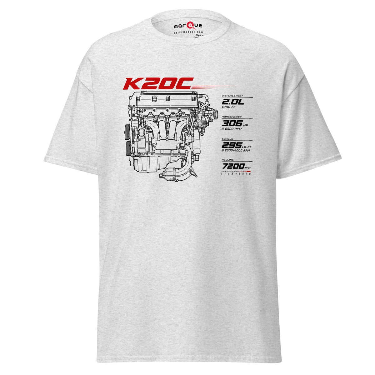 K20C Tee, Ash front view — turbocharged four-cylinder engine blueprint, Marque automotive apparel