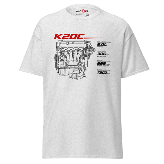 K20C Tee, Ash front view — turbocharged four-cylinder engine blueprint, Marque automotive apparel