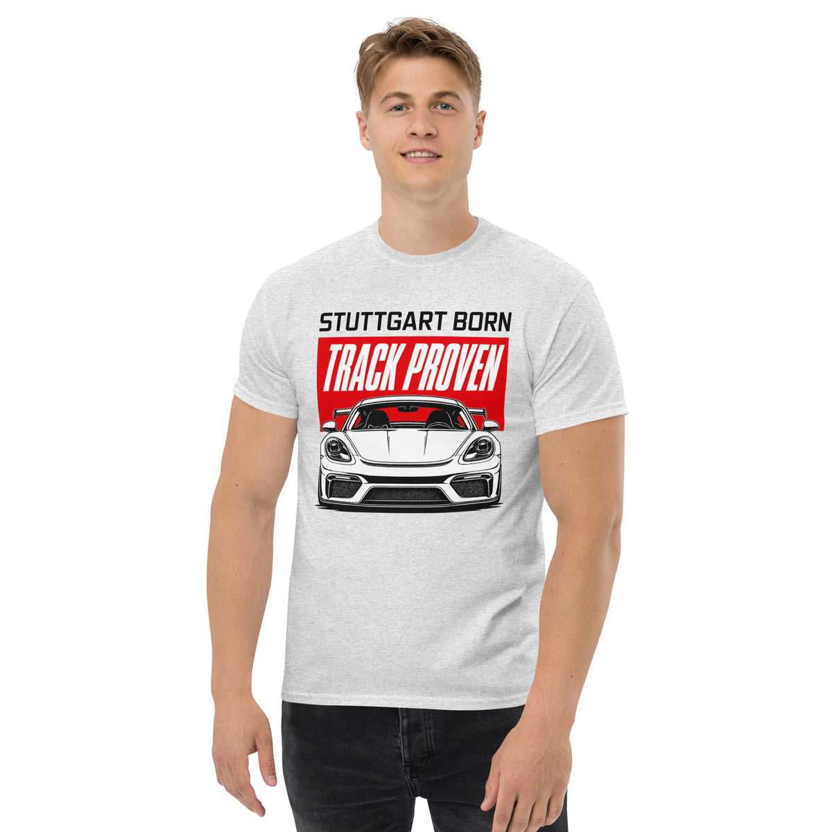 Stuttgart Born, Track Proven Tee, Ash front view (2) — Marque automotive apparel