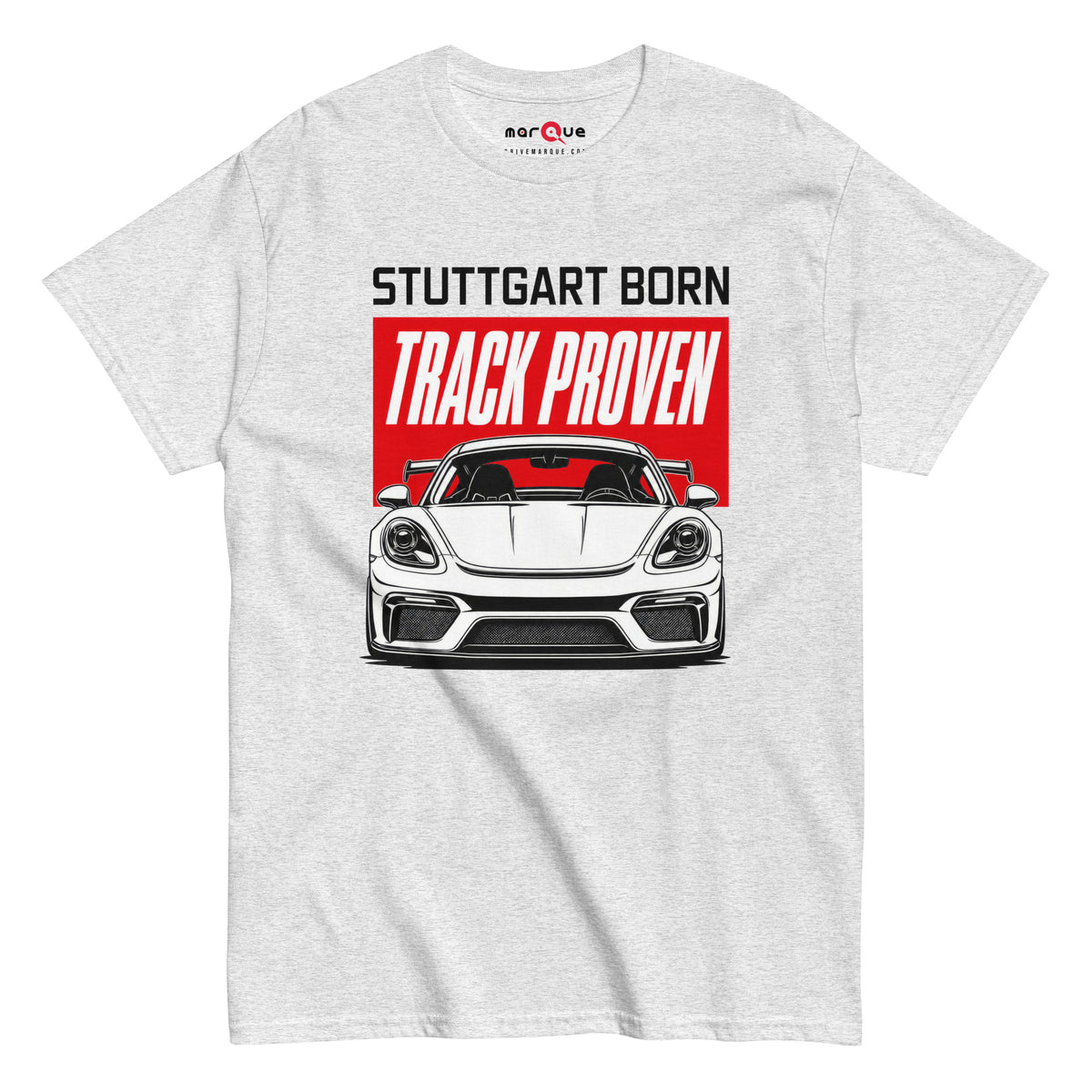 Stuttgart Born, Track Proven Tee, Ash front view — Marque automotive apparel