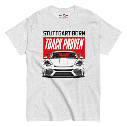 Stuttgart Born, Track Proven Tee, Ash front view — Marque automotive apparel