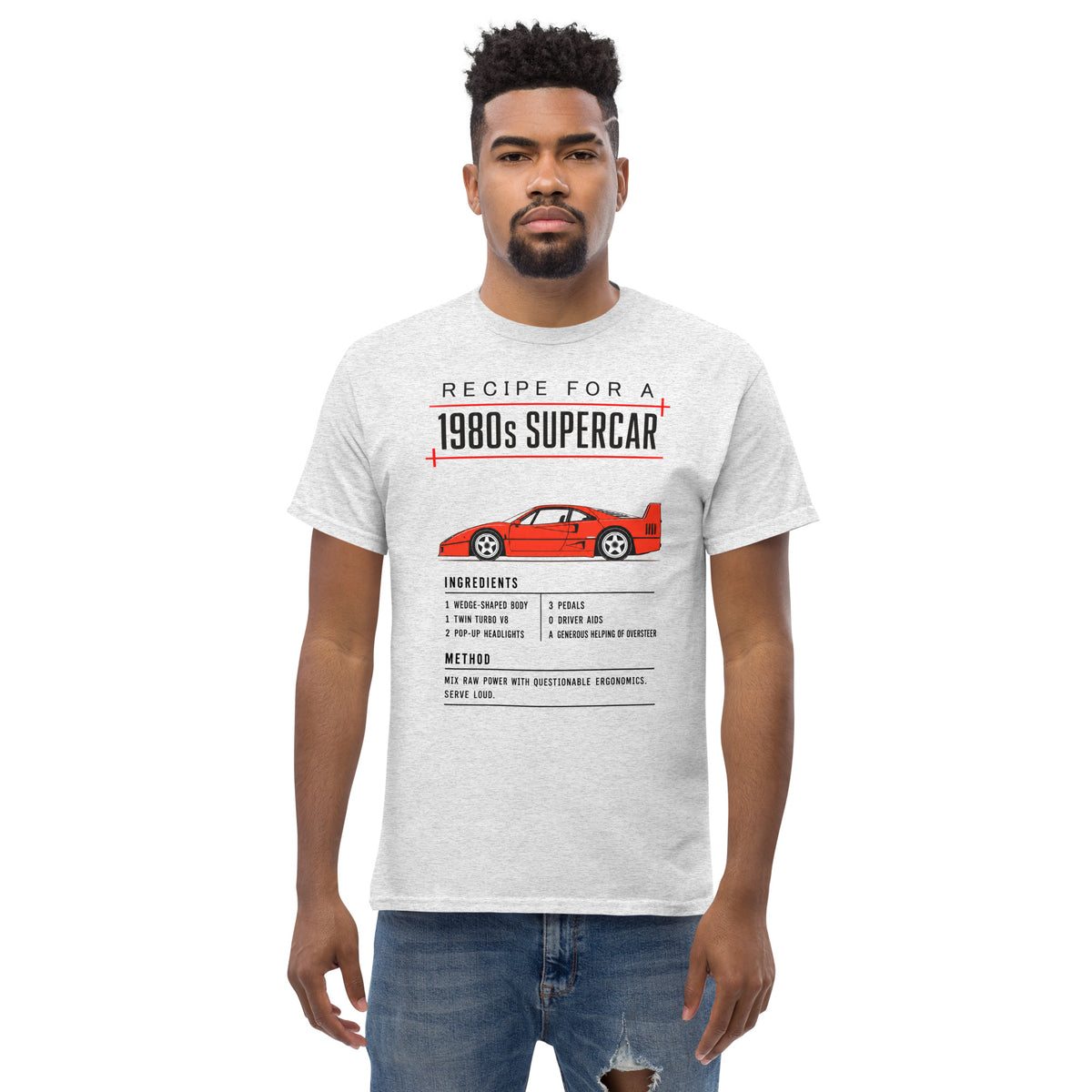 Recipe for a 1980s Supercar tee, Ash front view (2) — Marque automotive apparel