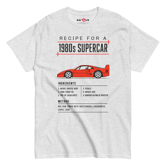 Recipe for a 1980s Supercar tee, Ash front view — Marque automotive apparel
