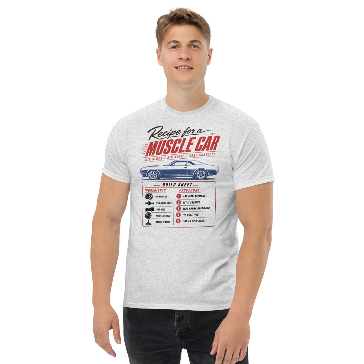 Muscle Car Recipe t-shirt in Ash, worn — Marque automotive apparel