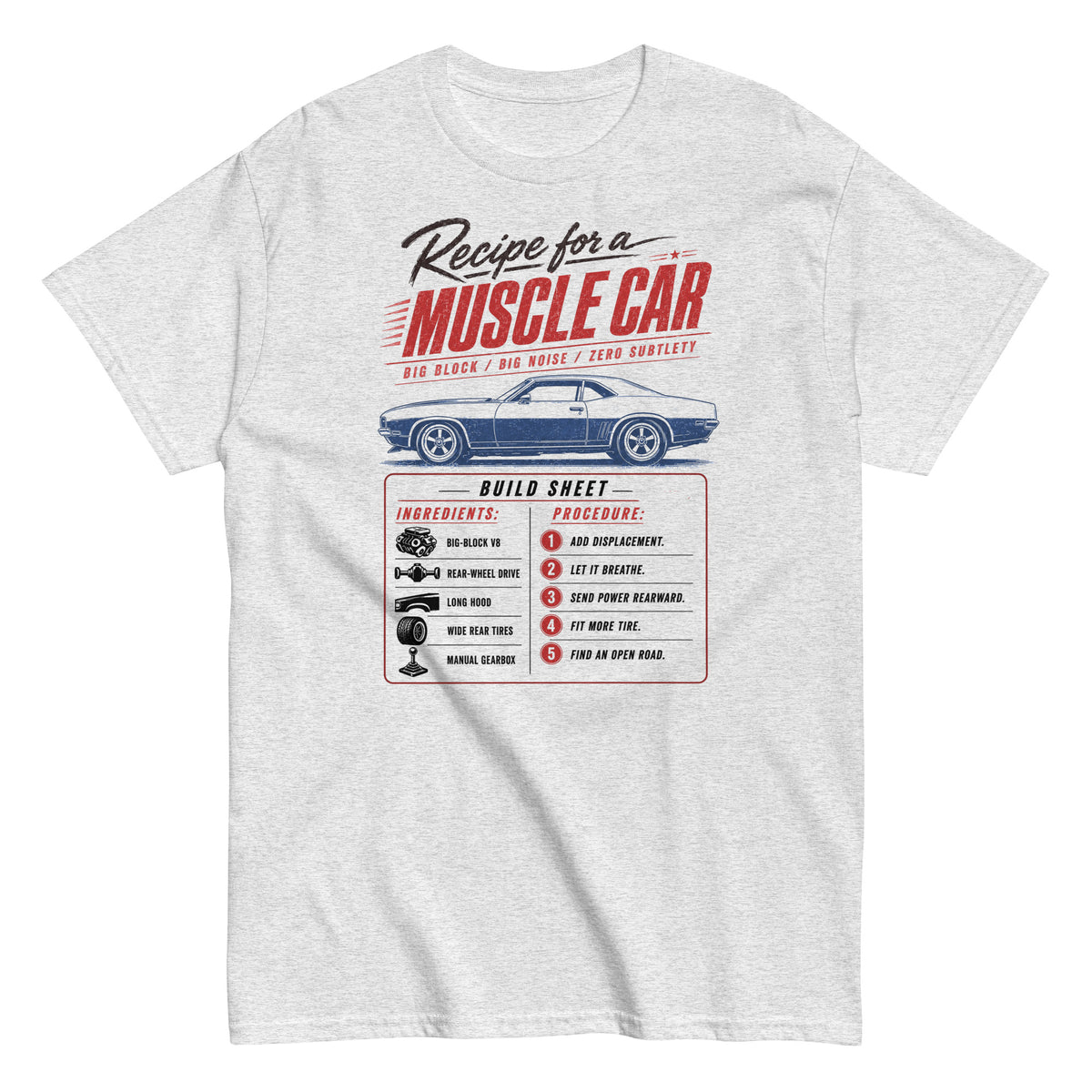 Muscle Car Recipe t-shirt in Ash — build sheet graphic with big-block V8 coupé — Marque automotive apparel
