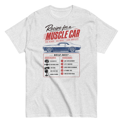 Muscle Car Recipe t-shirt in Ash — build sheet graphic with big-block V8 coupé — Marque automotive apparel