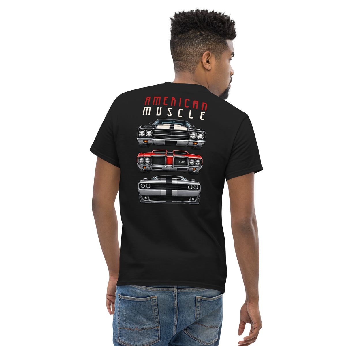 American Muscle Tee, Black — worn back view showing the quad-light back print, Marque automotive apparel