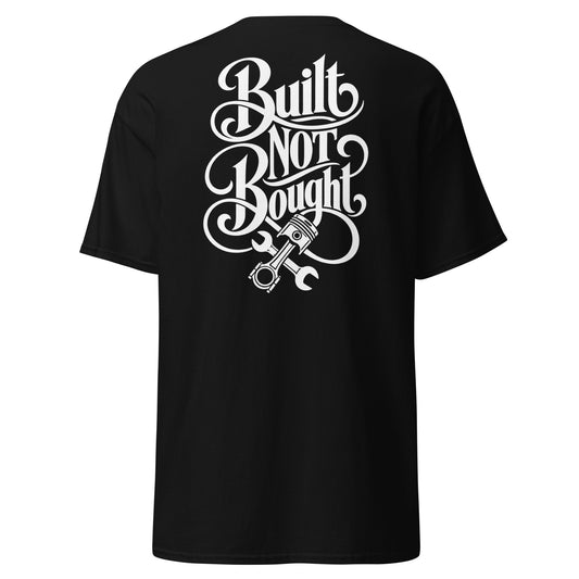 Built Not Bought Tee, Black back view — large typographic back print, Marque automotive apparel