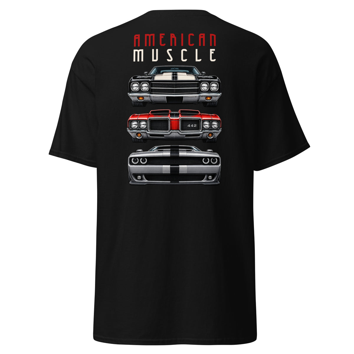 American Muscle Tee, Black back view — three muscle car front ends, large back print, Marque automotive apparel