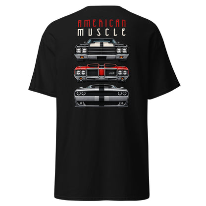 American Muscle Tee, Black back view — three muscle car front ends, large back print, Marque automotive apparel