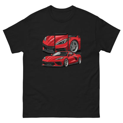 Red mid-engine American supercar graphic t-shirt — Marque