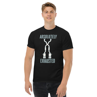 Absolutely Exhausted t-shirt, Black front view (2) — Marque automotive apparel