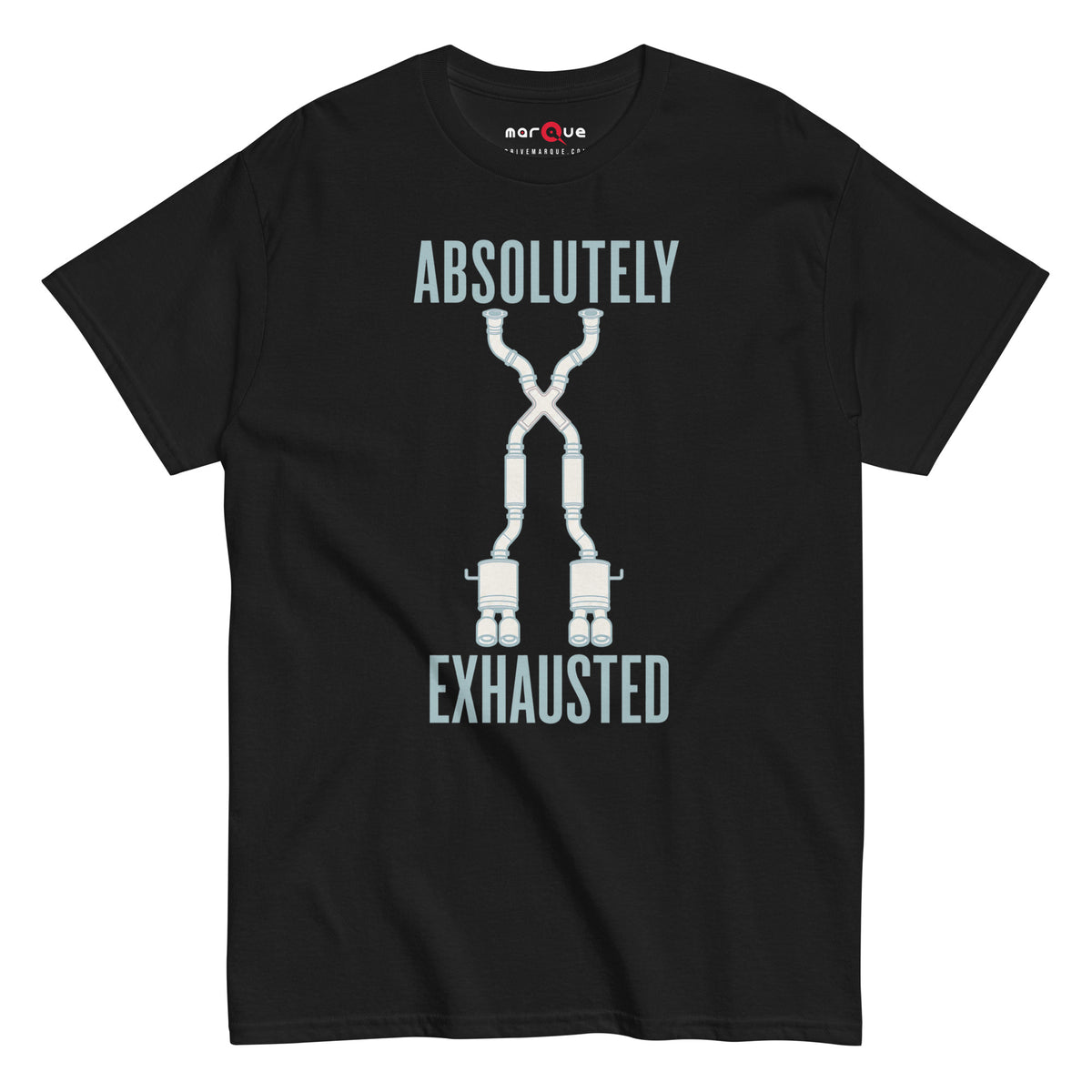 Absolutely Exhausted t-shirt, Black front view — Marque automotive apparel
