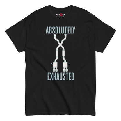 Absolutely Exhausted t-shirt, Black front view — Marque automotive apparel