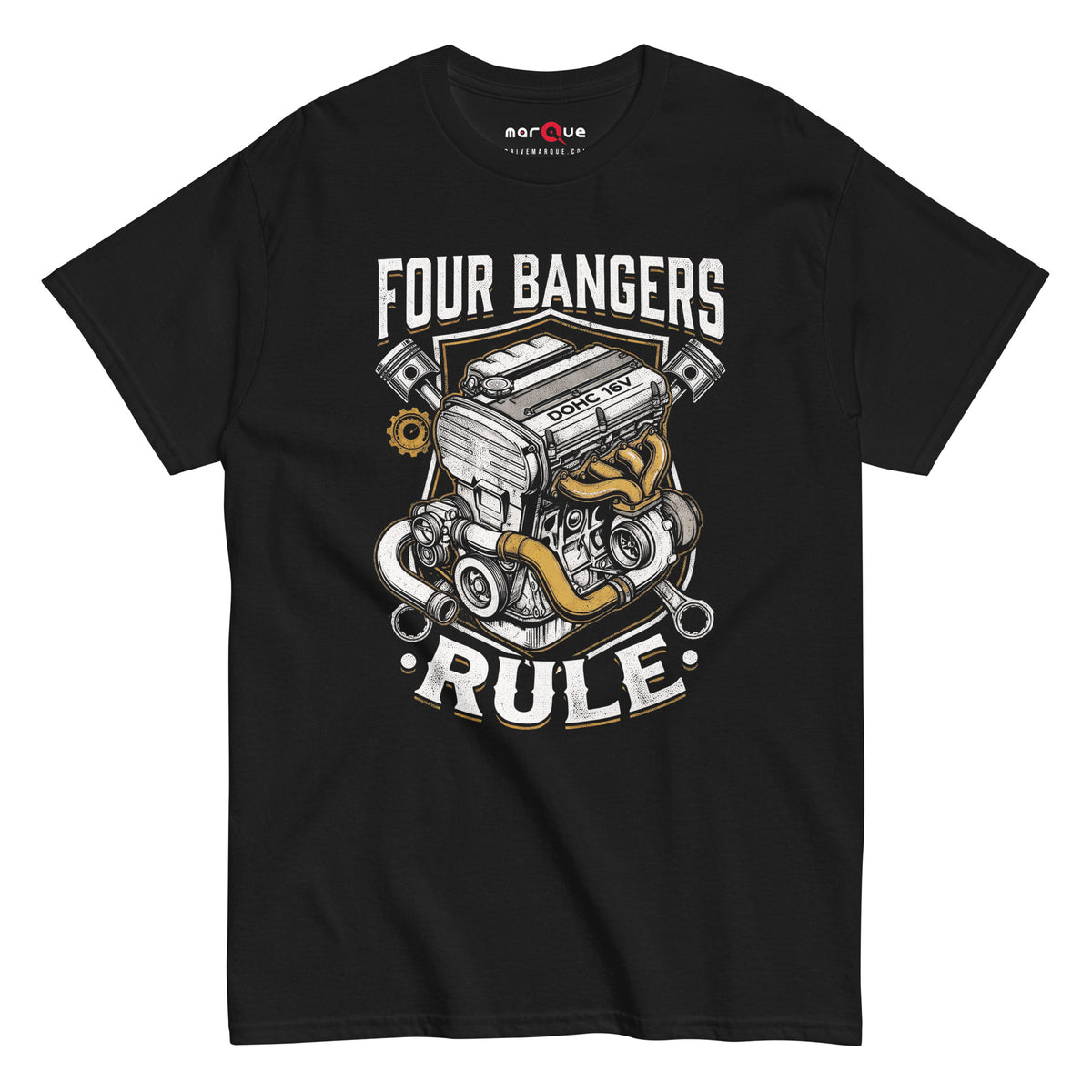 Four Banger Engines Rule t-shirt in Black, front view — Marque automotive apparel