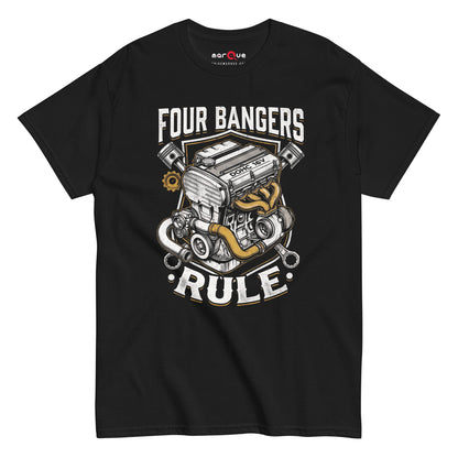 Four Banger Engines Rule t-shirt in Black, front view — Marque automotive apparel
