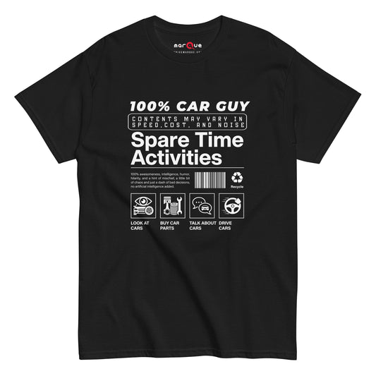 100% Car Guy t-shirt in Black — parody product label with spare time activities — Marque automotive apparel