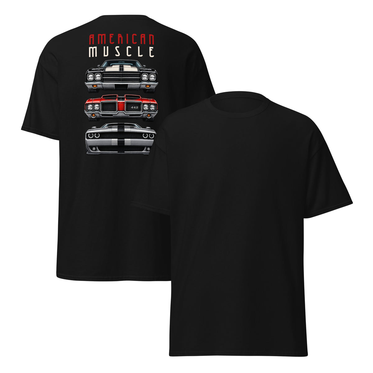 American Muscle Tee, Black — front and back, plain front with large back print, Marque automotive apparel