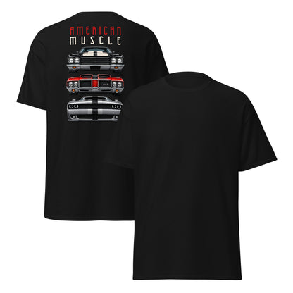 American Muscle Tee, Black — front and back, plain front with large back print, Marque automotive apparel
