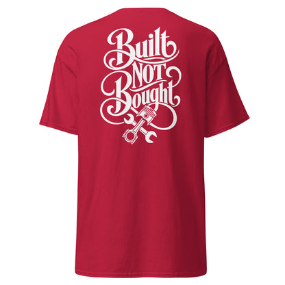 Built Not Bought Tee, Cardinal back view — large typographic back print, Marque automotive apparel