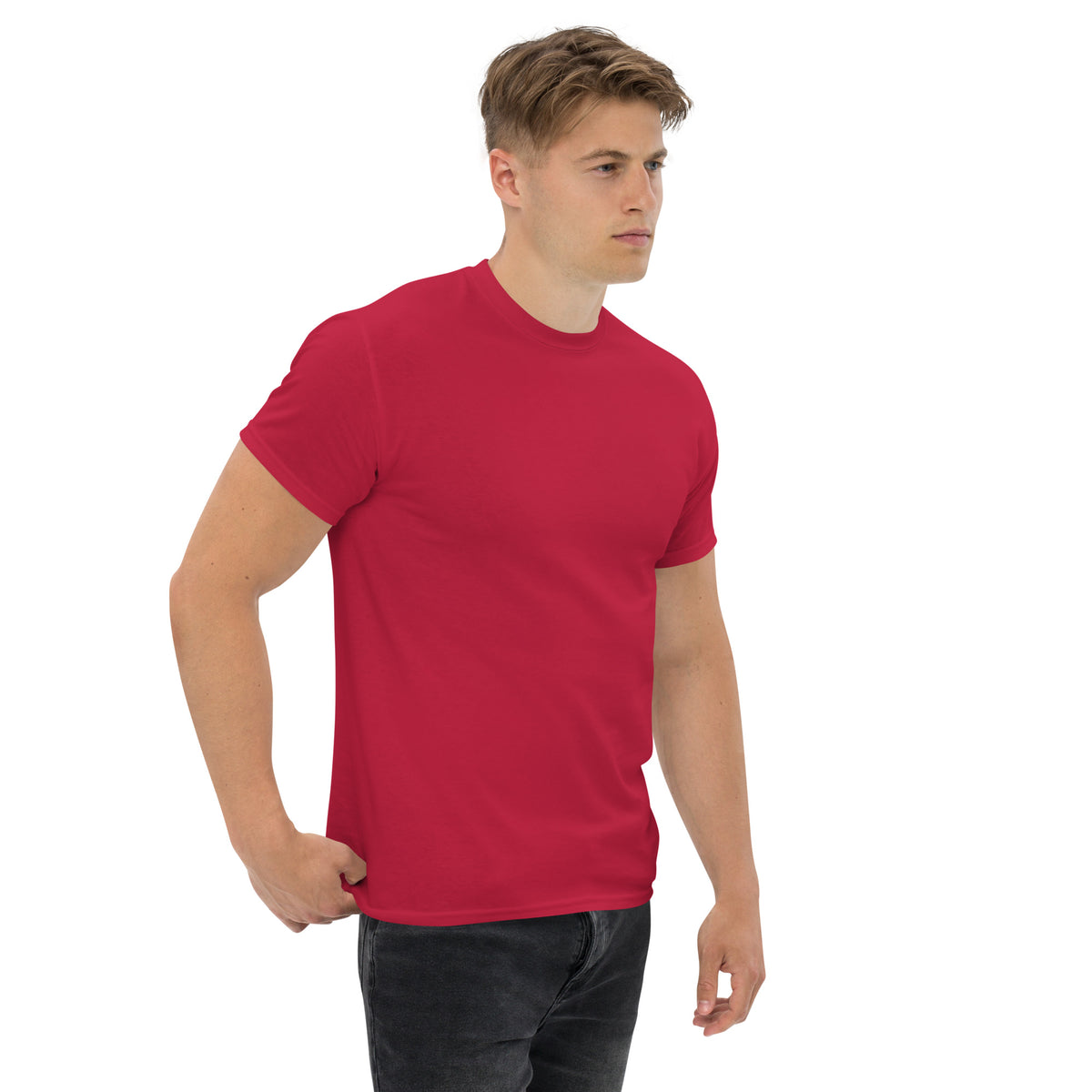 Built Not Bought Tee, Cardinal — right front three-quarter view showing the plain front