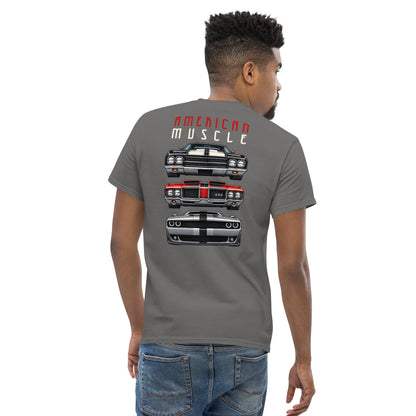 American Muscle Tee, Charcoal — worn back view showing the quad-light back print, Marque automotive apparel