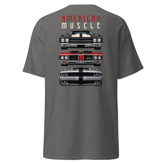 American Muscle Tee, Charcoal back view — three muscle car front ends, large back print, Marque automotive apparel