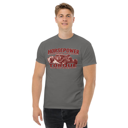 Torque Wins Races Tee, Charcoal — front print detail, blown rat rod under vintage sign-shop lettering