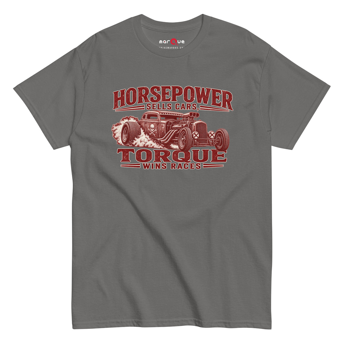 Torque Wins Races Tee, Charcoal front view — distressed hot rod print, Marque automotive apparel