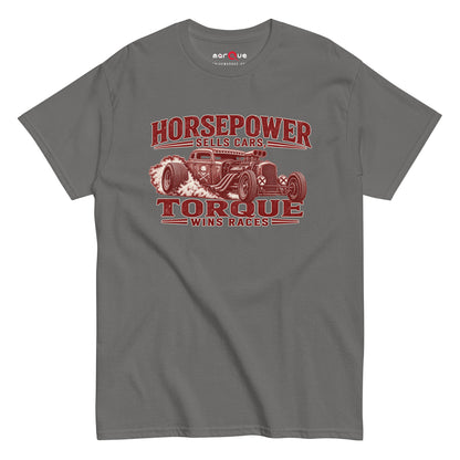 Torque Wins Races Tee, Charcoal front view — distressed hot rod print, Marque automotive apparel