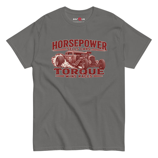 Torque Wins Races Tee, Charcoal front view — distressed hot rod print, Marque automotive apparel