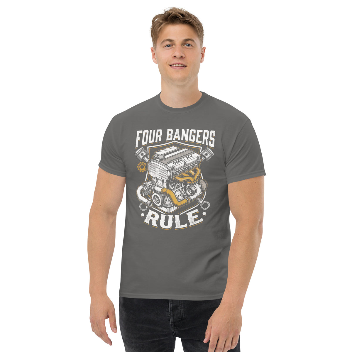 Four Banger Engines Rule t-shirt in Charcoal, front view (2) — Marque automotive apparel