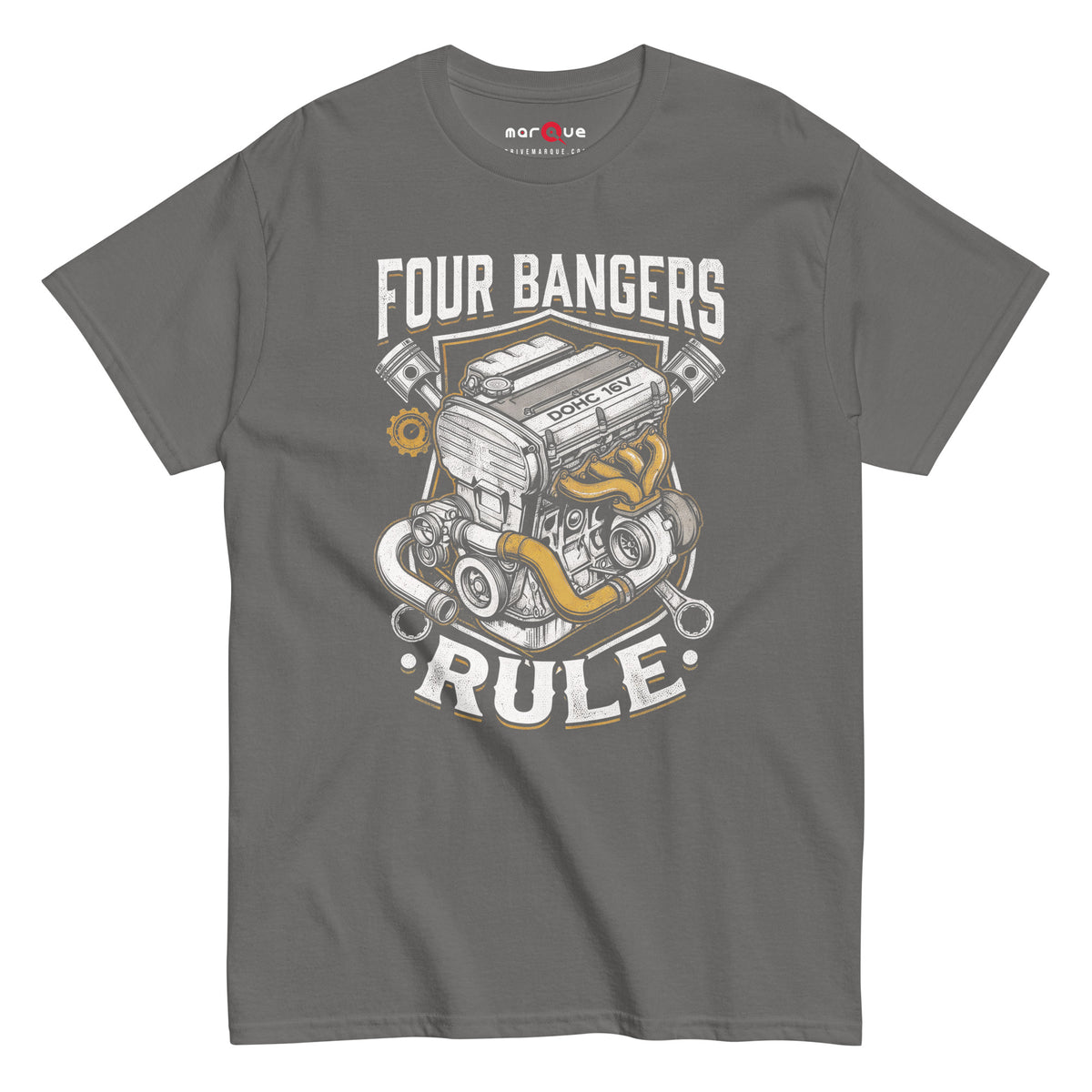 Four Banger Engines Rule t-shirt in Charcoal, front view — Marque automotive apparel