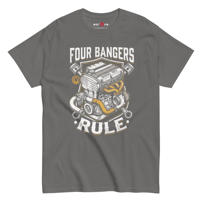 Four Banger Engines Rule t-shirt in Charcoal, front view — Marque automotive apparel