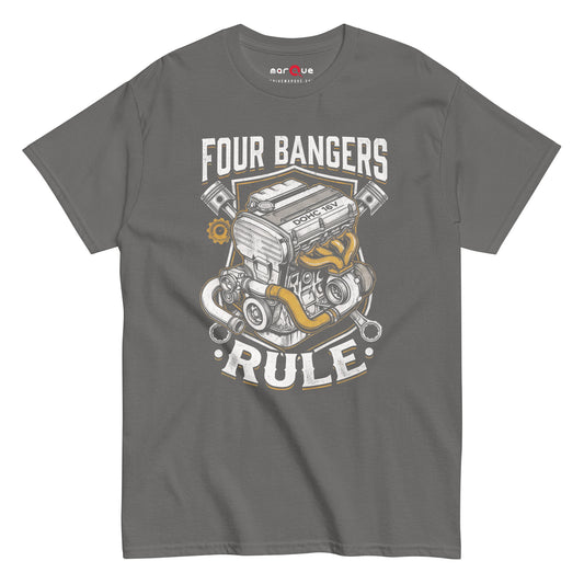 Four Banger Engines Rule t-shirt in Charcoal, front view — Marque automotive apparel