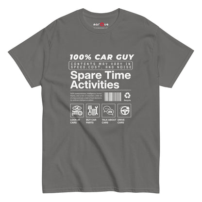 100% Car Guy t-shirt in Charcoal — parody product label with spare time activities — Marque automotive apparel