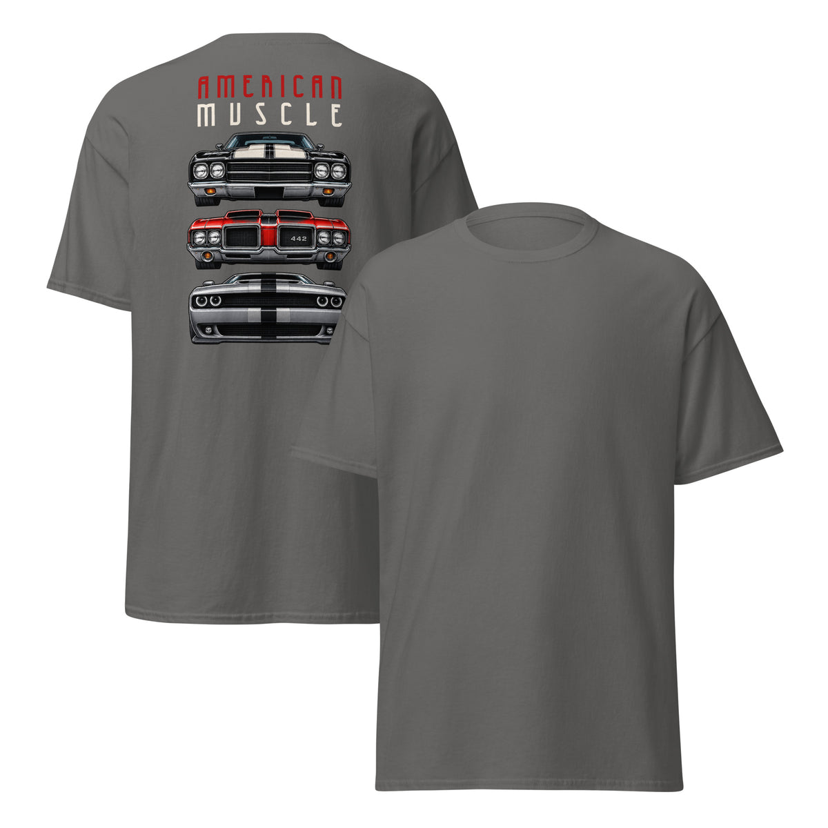 American Muscle Tee, Charcoal — front and back, plain front with large back print, Marque automotive apparel