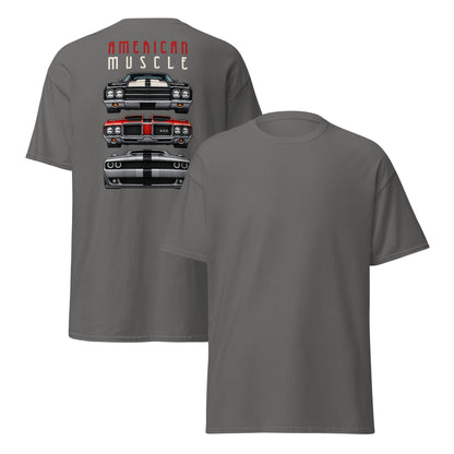 American Muscle Tee, Charcoal — front and back, plain front with large back print, Marque automotive apparel