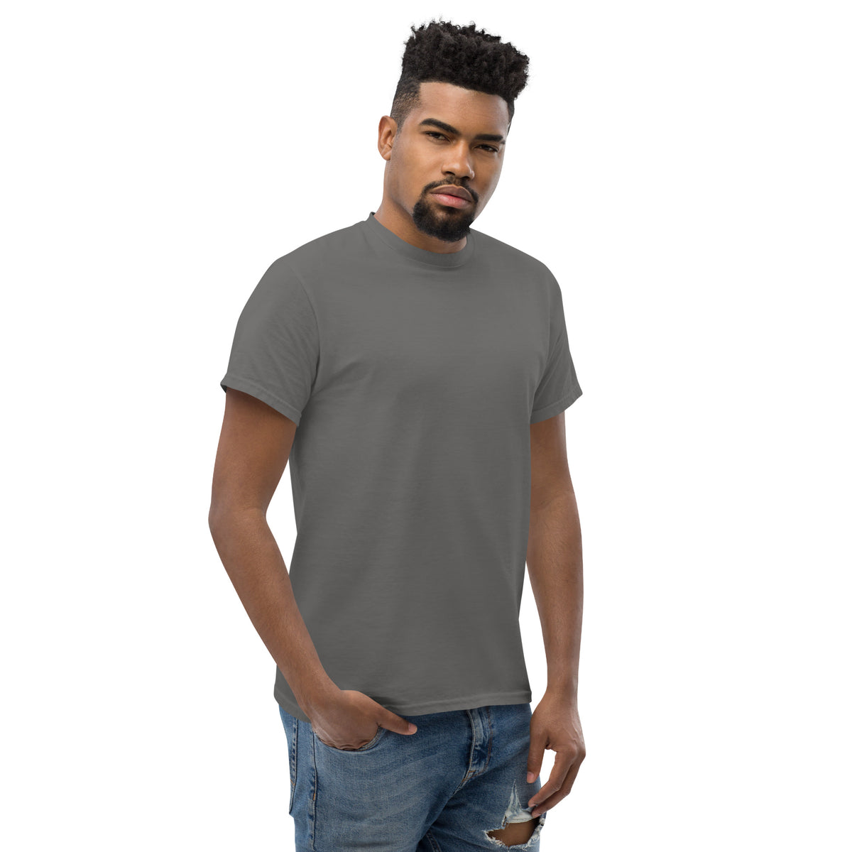American Muscle Tee, Charcoal — worn right front three-quarter view, plain front, Marque automotive apparel