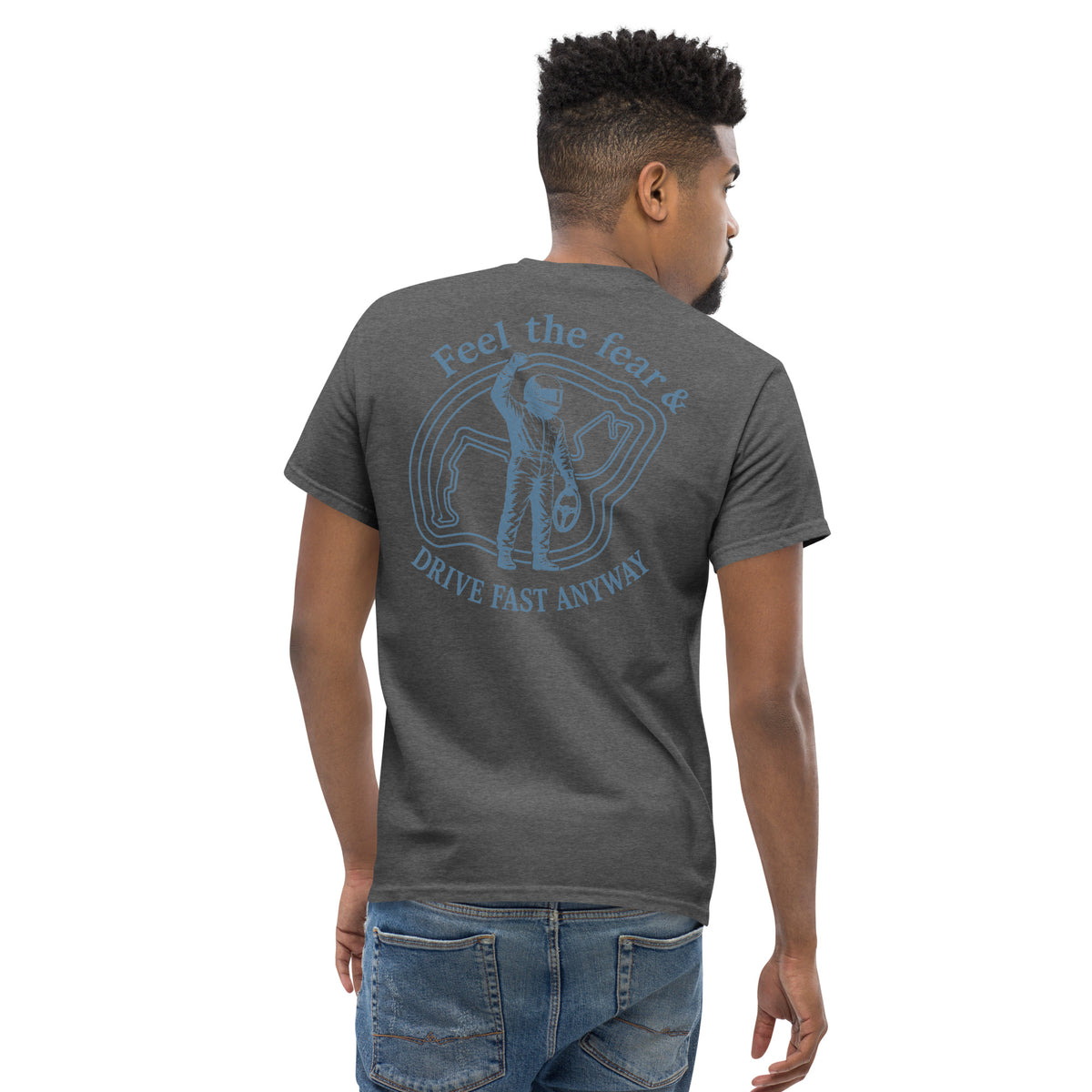 Dark Heather Feel the Fear tee, second rear view showing print scale on the body