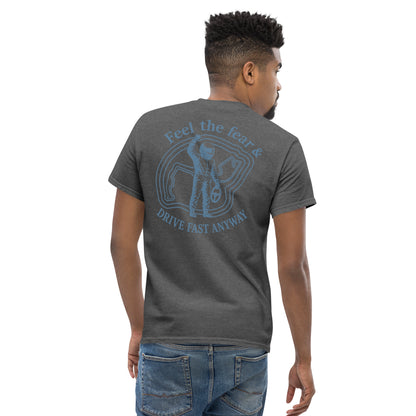 Dark Heather Feel the Fear tee, second rear view showing print scale on the body